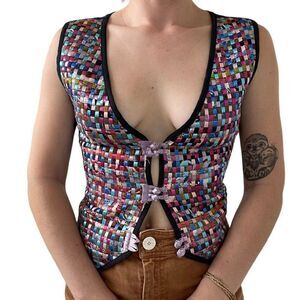 Vintage Womens Rainbow Lattice Checkered V Neck Waistcoat Vest Sz M Petite